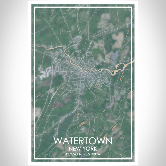 Watertown New York Map Print Portrait Orientation in Afternoon Style With Shaded Background