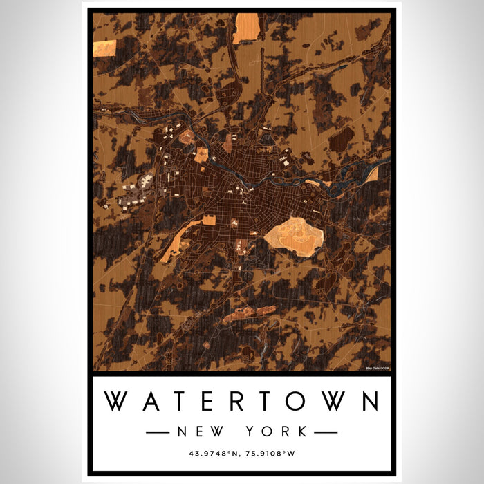 Watertown New York Map Print Portrait Orientation in Ember Style With Shaded Background