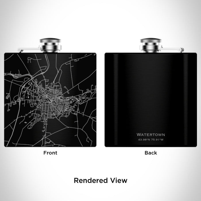 Rendered View of Watertown New York Map Engraving on 6oz Stainless Steel Flask in Black