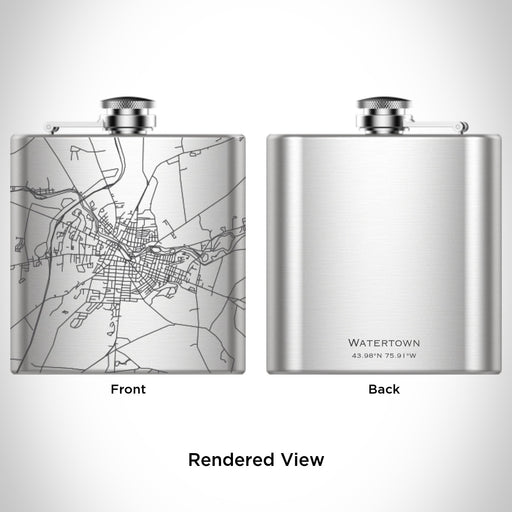 Rendered View of Watertown New York Map Engraving on 6oz Stainless Steel Flask