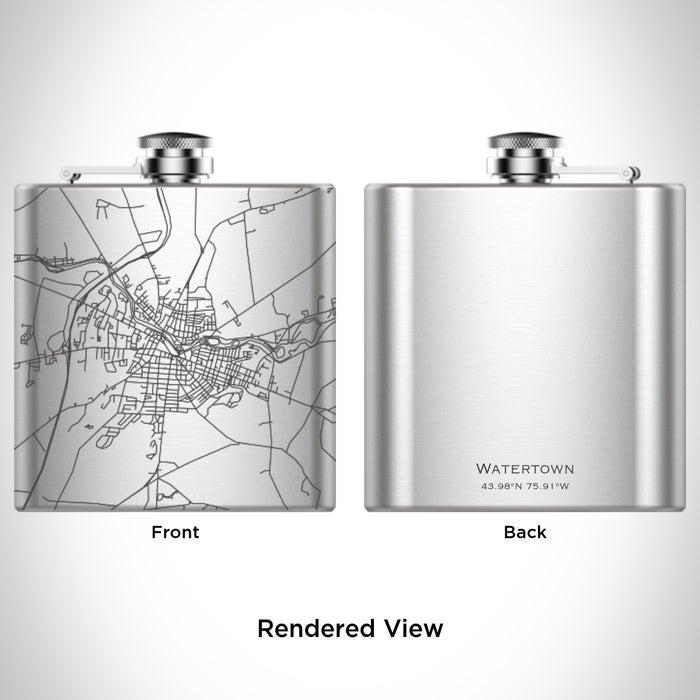 Rendered View of Watertown New York Map Engraving on 6oz Stainless Steel Flask