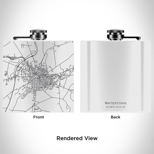 Rendered View of Watertown New York Map Engraving on 6oz Stainless Steel Flask in White