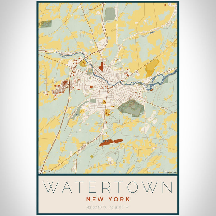 Watertown New York Map Print Portrait Orientation in Woodblock Style With Shaded Background