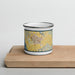 Front View Custom Watsonville California Map Enamel Mug in Woodblock on Cutting Board