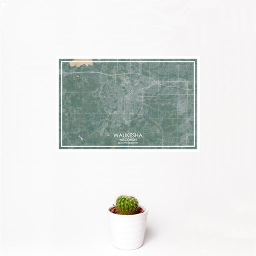 12x18 Waukesha Wisconsin Map Print Landscape Orientation in Afternoon Style With Small Cactus Plant in White Planter