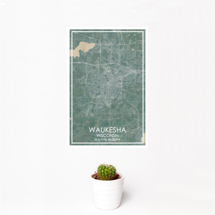12x18 Waukesha Wisconsin Map Print Portrait Orientation in Afternoon Style With Small Cactus Plant in White Planter