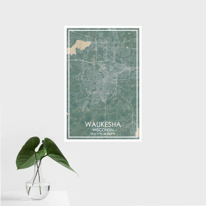 16x24 Waukesha Wisconsin Map Print Portrait Orientation in Afternoon Style With Tropical Plant Leaves in Water