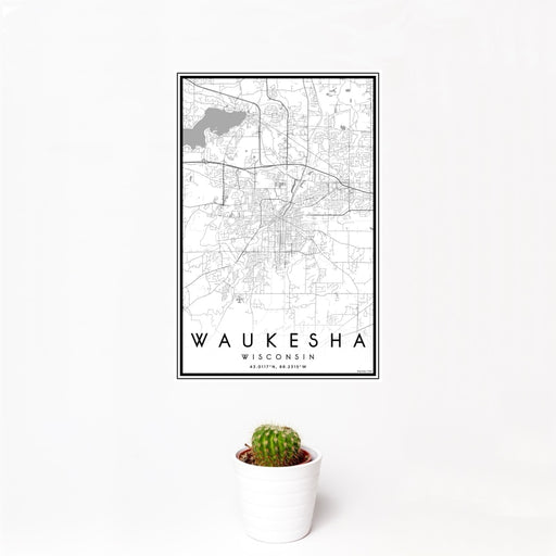 12x18 Waukesha Wisconsin Map Print Portrait Orientation in Classic Style With Small Cactus Plant in White Planter