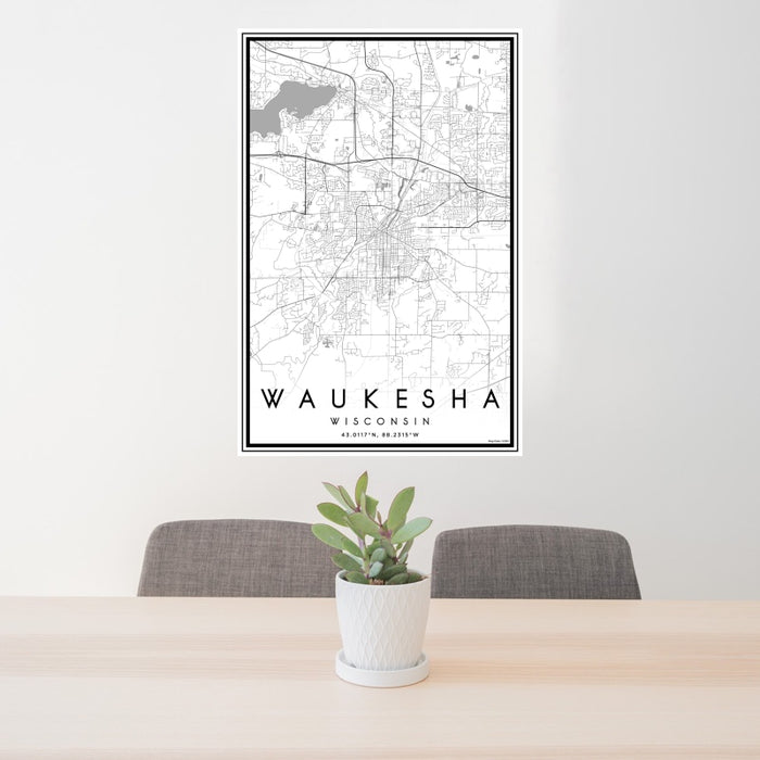 24x36 Waukesha Wisconsin Map Print Portrait Orientation in Classic Style Behind 2 Chairs Table and Potted Plant