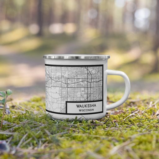 Right View Custom Waukesha Wisconsin Map Enamel Mug in Classic on Grass With Trees in Background