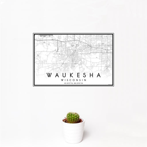 12x18 Waukesha Wisconsin Map Print Landscape Orientation in Classic Style With Small Cactus Plant in White Planter