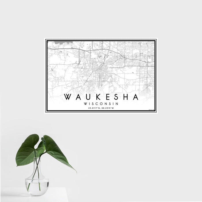 16x24 Waukesha Wisconsin Map Print Landscape Orientation in Classic Style With Tropical Plant Leaves in Water