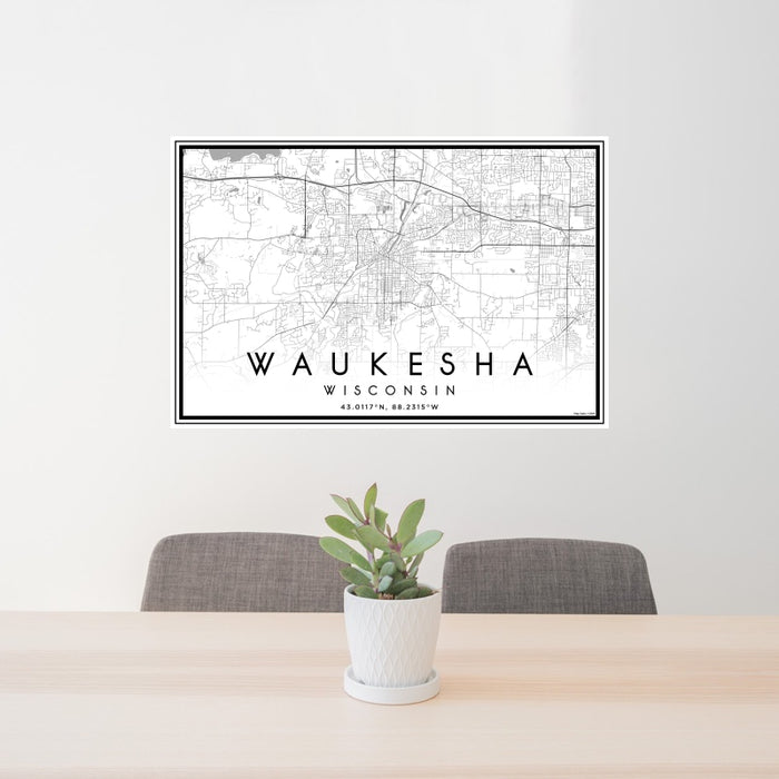 24x36 Waukesha Wisconsin Map Print Landscape Orientation in Classic Style Behind 2 Chairs Table and Potted Plant
