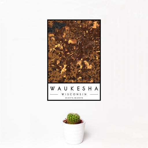 12x18 Waukesha Wisconsin Map Print Portrait Orientation in Ember Style With Small Cactus Plant in White Planter