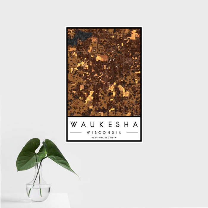 16x24 Waukesha Wisconsin Map Print Portrait Orientation in Ember Style With Tropical Plant Leaves in Water