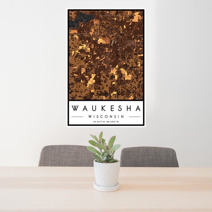 24x36 Waukesha Wisconsin Map Print Portrait Orientation in Ember Style Behind 2 Chairs Table and Potted Plant
