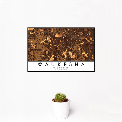 12x18 Waukesha Wisconsin Map Print Landscape Orientation in Ember Style With Small Cactus Plant in White Planter