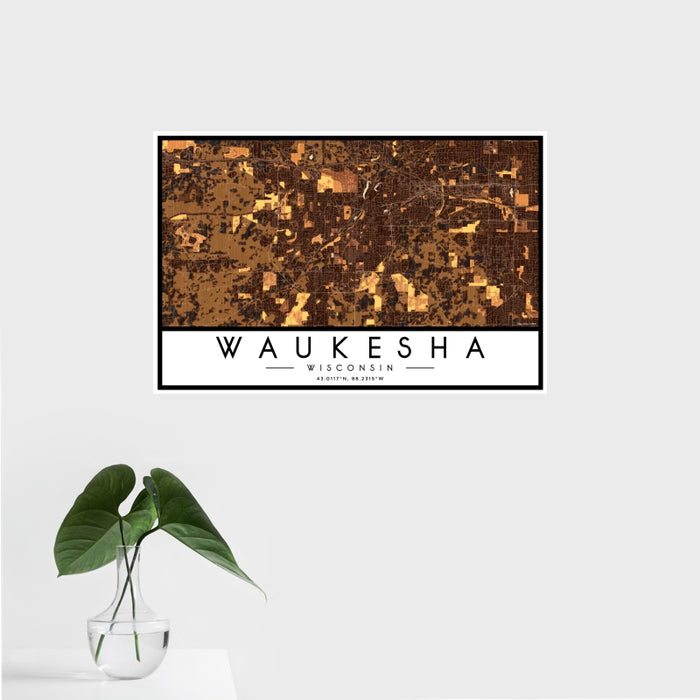 16x24 Waukesha Wisconsin Map Print Landscape Orientation in Ember Style With Tropical Plant Leaves in Water