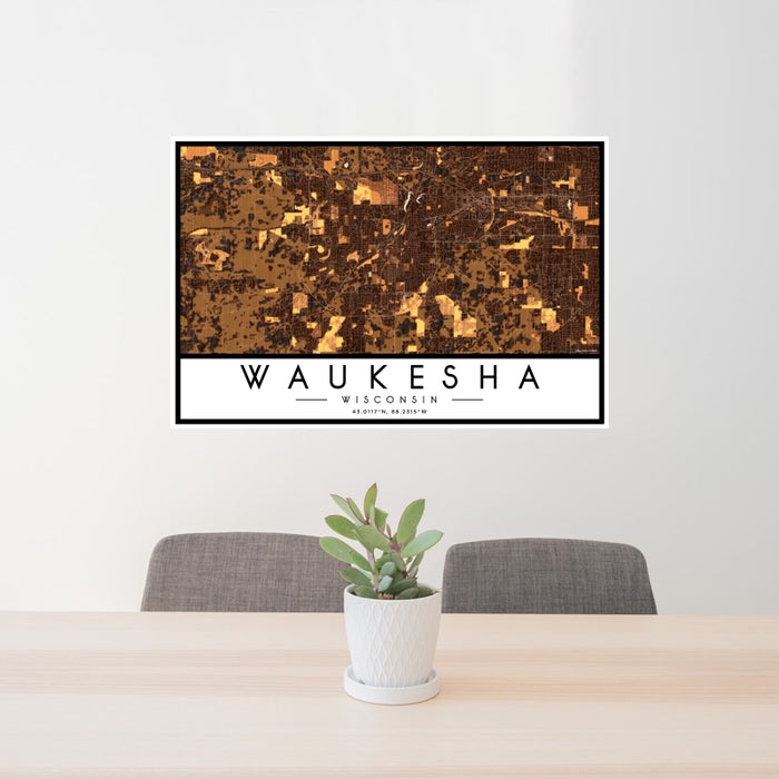 24x36 Waukesha Wisconsin Map Print Landscape Orientation in Ember Style Behind 2 Chairs Table and Potted Plant