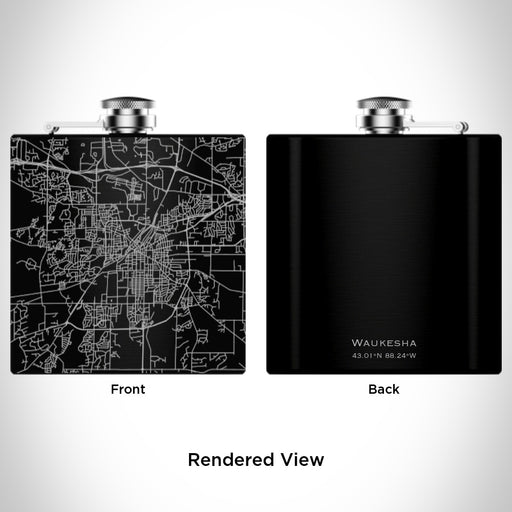 Rendered View of Waukesha Wisconsin Map Engraving on 6oz Stainless Steel Flask in Black