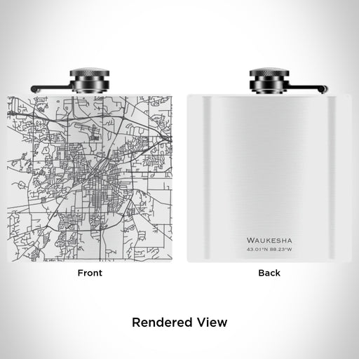 Rendered View of Waukesha Wisconsin Map Engraving on 6oz Stainless Steel Flask in White