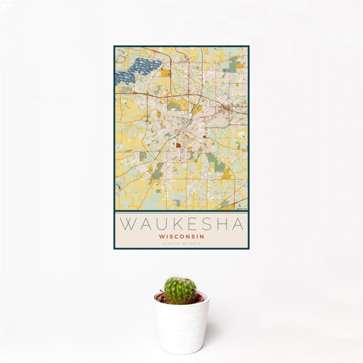 12x18 Waukesha Wisconsin Map Print Portrait Orientation in Woodblock Style With Small Cactus Plant in White Planter