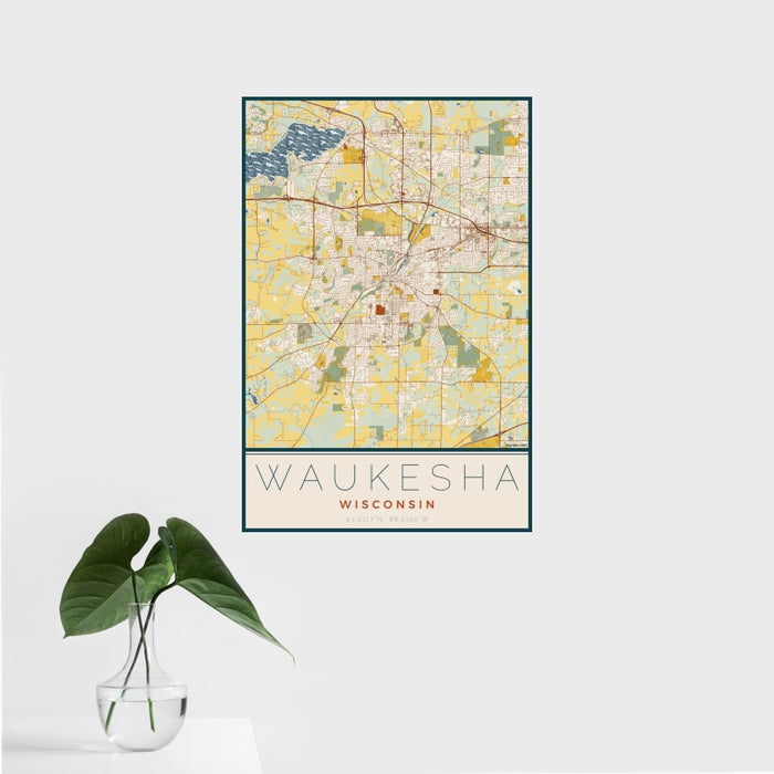 16x24 Waukesha Wisconsin Map Print Portrait Orientation in Woodblock Style With Tropical Plant Leaves in Water