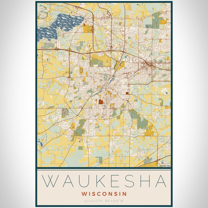 Waukesha Wisconsin Map Print Portrait Orientation in Woodblock Style With Shaded Background
