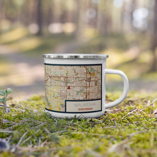 Right View Custom Waukesha Wisconsin Map Enamel Mug in Woodblock on Grass With Trees in Background