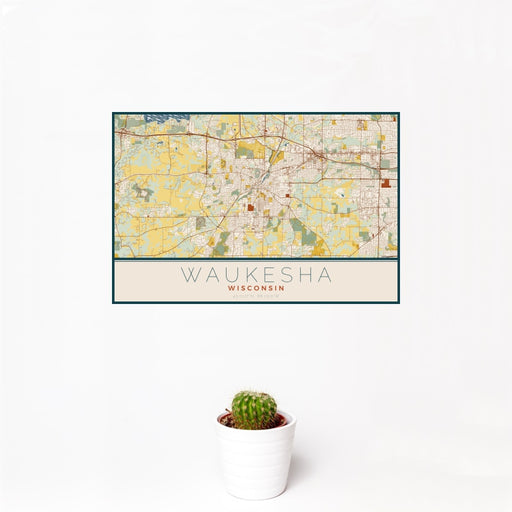 12x18 Waukesha Wisconsin Map Print Landscape Orientation in Woodblock Style With Small Cactus Plant in White Planter
