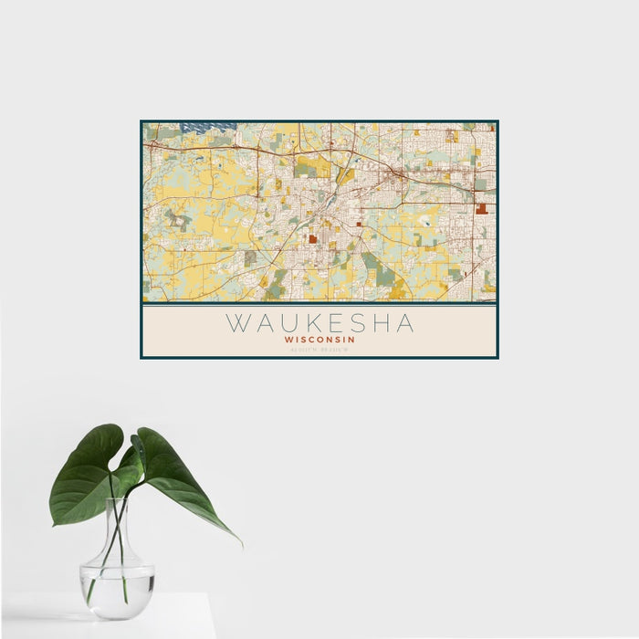 16x24 Waukesha Wisconsin Map Print Landscape Orientation in Woodblock Style With Tropical Plant Leaves in Water