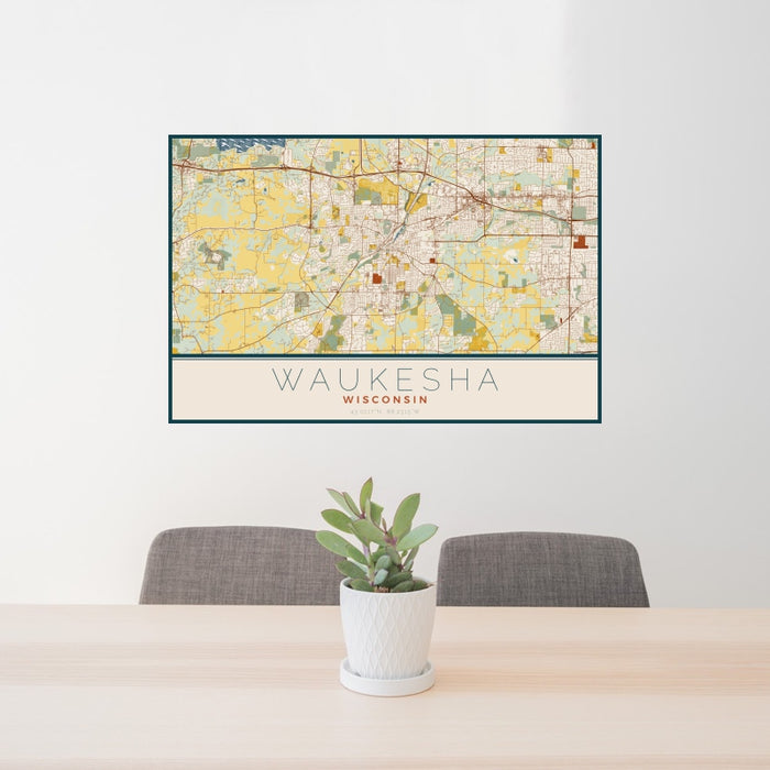 24x36 Waukesha Wisconsin Map Print Landscape Orientation in Woodblock Style Behind 2 Chairs Table and Potted Plant