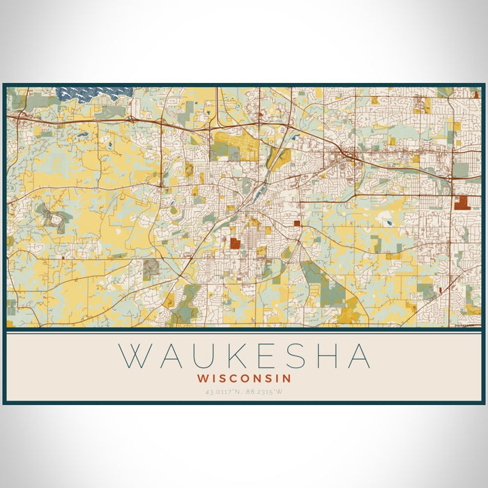Waukesha Wisconsin Map Print Landscape Orientation in Woodblock Style With Shaded Background