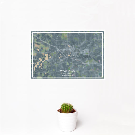 12x18 Waupaca Wisconsin Map Print Landscape Orientation in Afternoon Style With Small Cactus Plant in White Planter