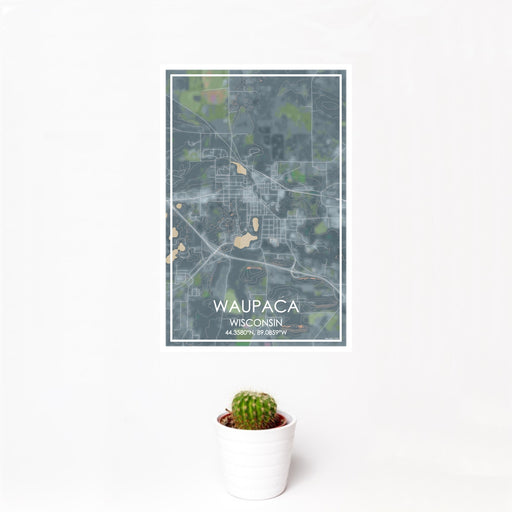 12x18 Waupaca Wisconsin Map Print Portrait Orientation in Afternoon Style With Small Cactus Plant in White Planter