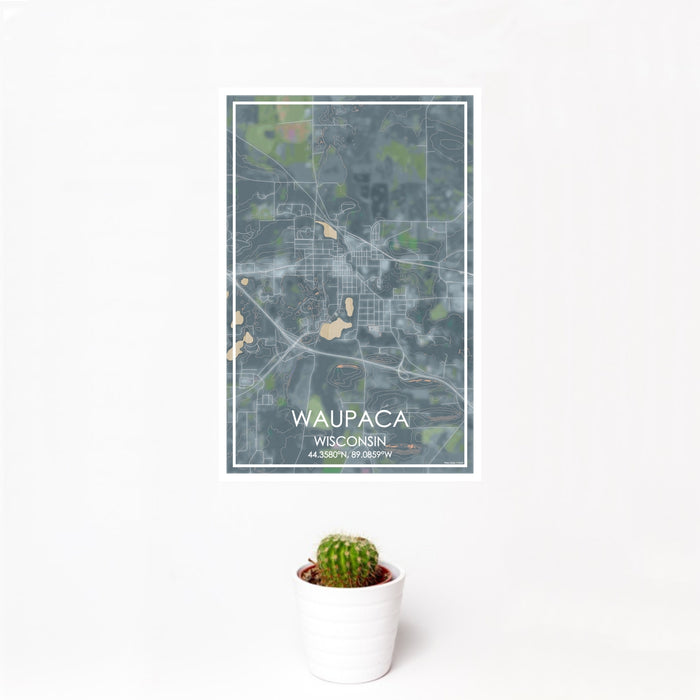 12x18 Waupaca Wisconsin Map Print Portrait Orientation in Afternoon Style With Small Cactus Plant in White Planter
