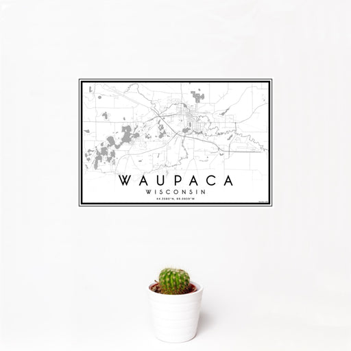 12x18 Waupaca Wisconsin Map Print Landscape Orientation in Classic Style With Small Cactus Plant in White Planter