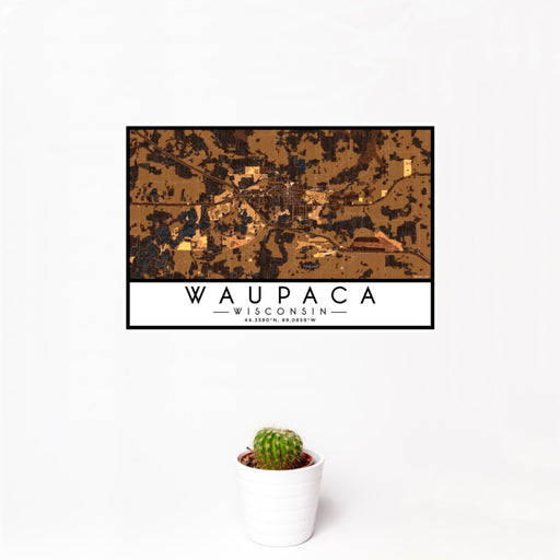 12x18 Waupaca Wisconsin Map Print Landscape Orientation in Ember Style With Small Cactus Plant in White Planter