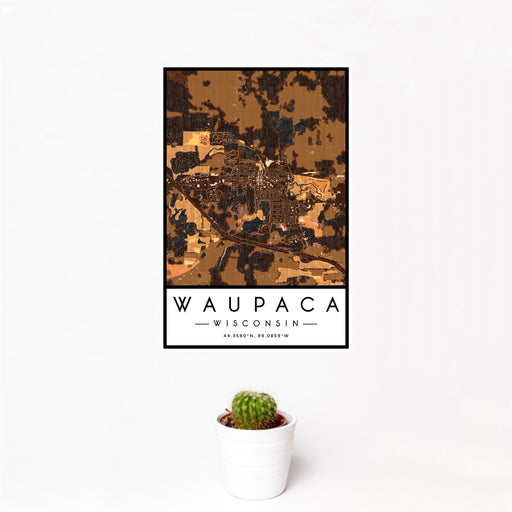 12x18 Waupaca Wisconsin Map Print Portrait Orientation in Ember Style With Small Cactus Plant in White Planter