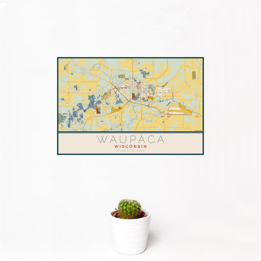12x18 Waupaca Wisconsin Map Print Landscape Orientation in Woodblock Style With Small Cactus Plant in White Planter