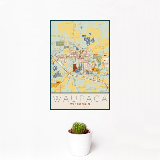 12x18 Waupaca Wisconsin Map Print Portrait Orientation in Woodblock Style With Small Cactus Plant in White Planter