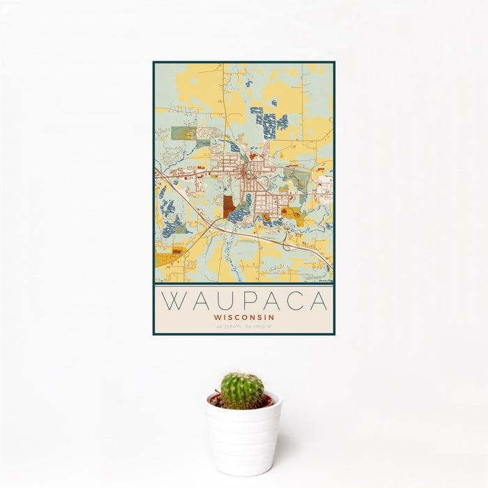 12x18 Waupaca Wisconsin Map Print Portrait Orientation in Woodblock Style With Small Cactus Plant in White Planter