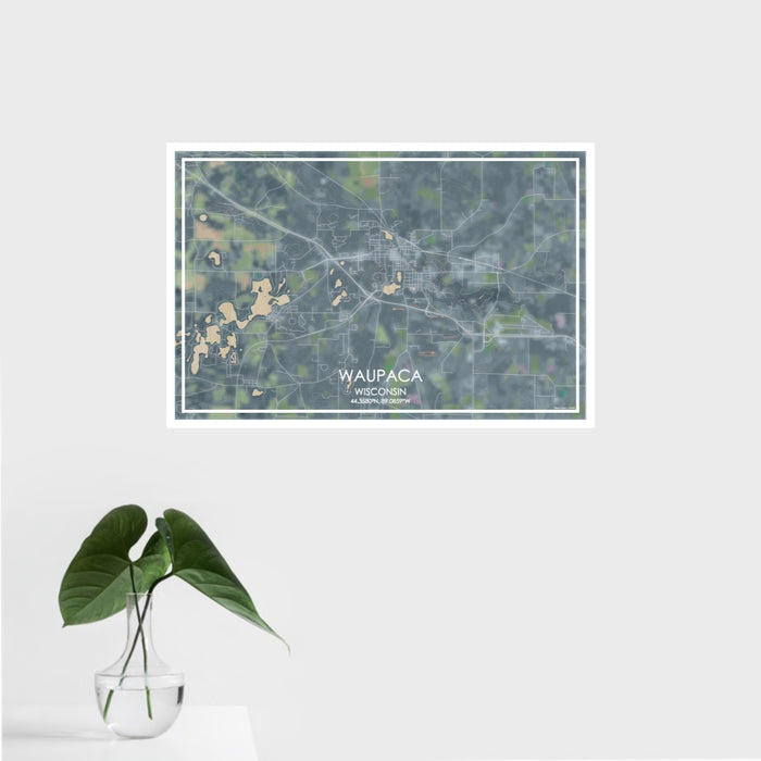 16x24 Waupaca Wisconsin Map Print Landscape Orientation in Afternoon Style With Tropical Plant Leaves in Water