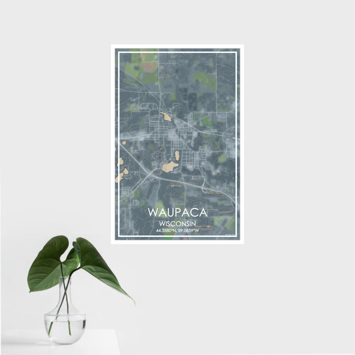 16x24 Waupaca Wisconsin Map Print Portrait Orientation in Afternoon Style With Tropical Plant Leaves in Water