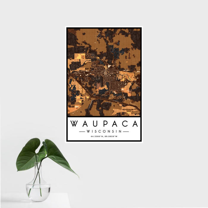 16x24 Waupaca Wisconsin Map Print Portrait Orientation in Ember Style With Tropical Plant Leaves in Water