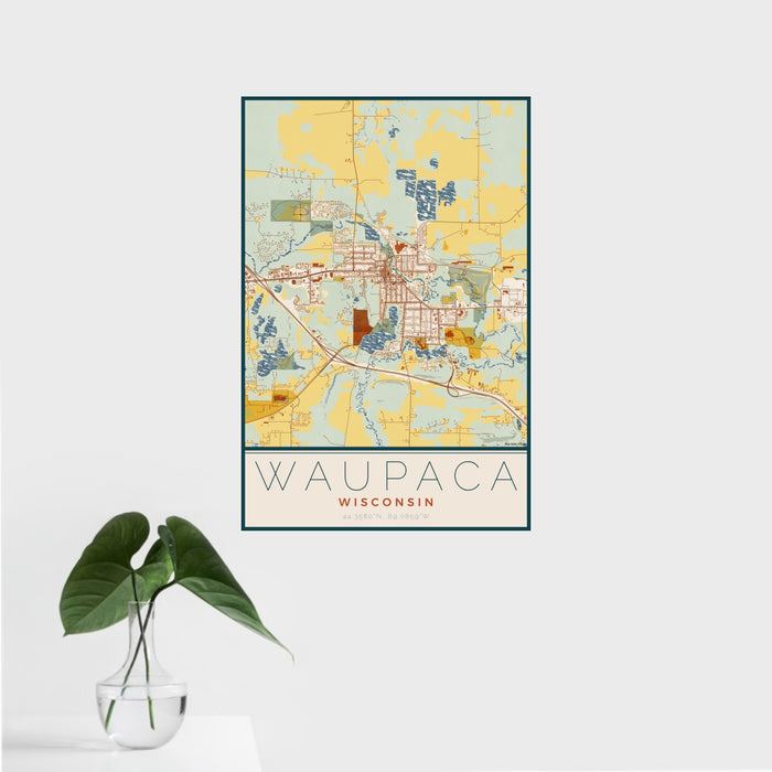 16x24 Waupaca Wisconsin Map Print Portrait Orientation in Woodblock Style With Tropical Plant Leaves in Water