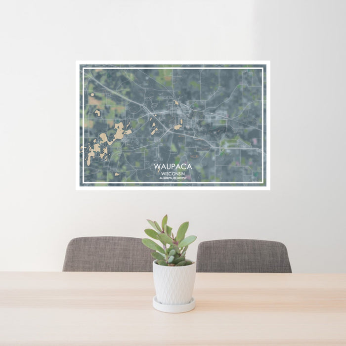 24x36 Waupaca Wisconsin Map Print Lanscape Orientation in Afternoon Style Behind 2 Chairs Table and Potted Plant