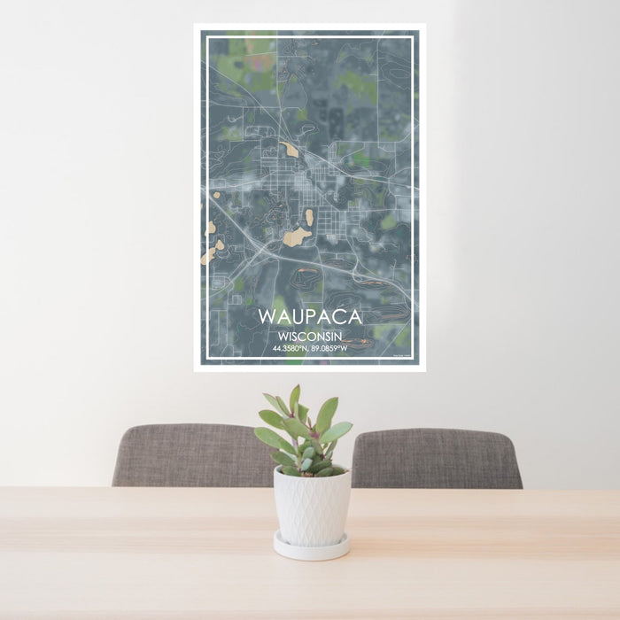 24x36 Waupaca Wisconsin Map Print Portrait Orientation in Afternoon Style Behind 2 Chairs Table and Potted Plant