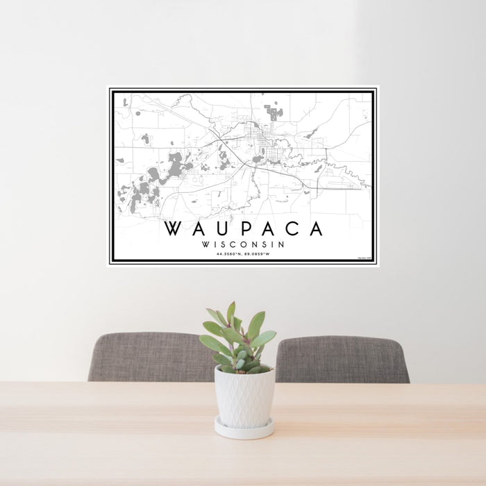 24x36 Waupaca Wisconsin Map Print Lanscape Orientation in Classic Style Behind 2 Chairs Table and Potted Plant