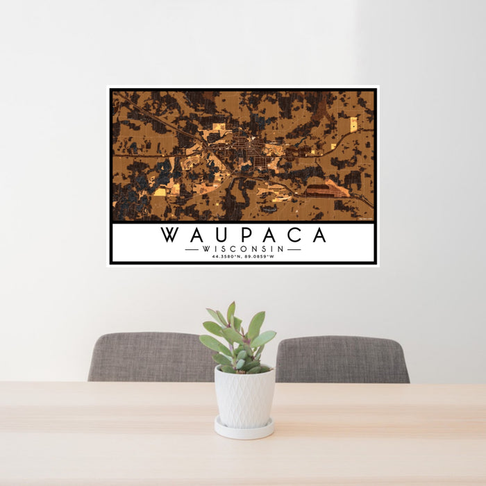 24x36 Waupaca Wisconsin Map Print Lanscape Orientation in Ember Style Behind 2 Chairs Table and Potted Plant